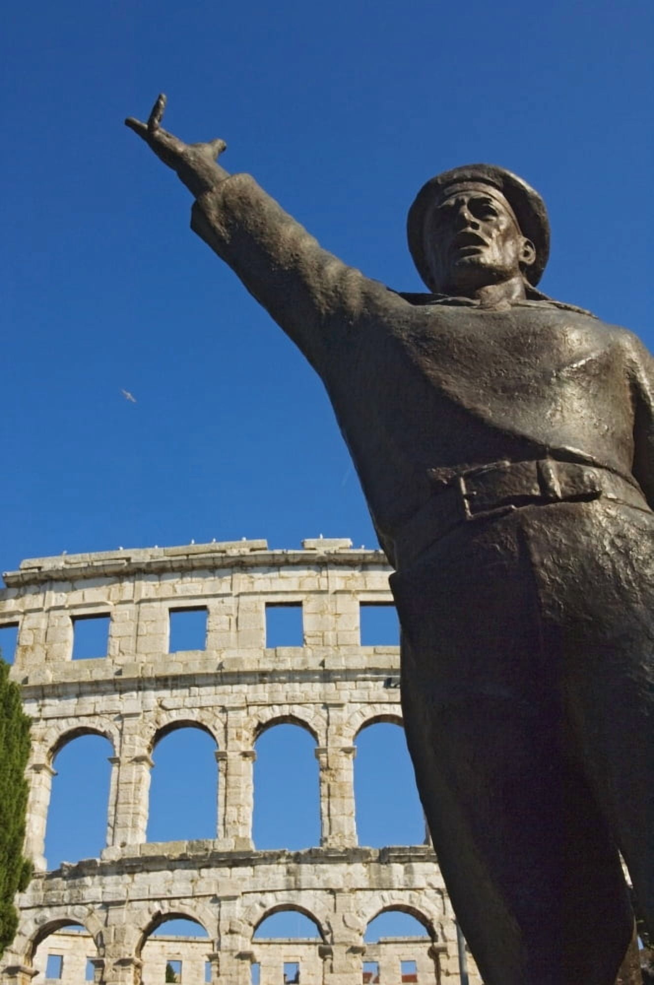 Bronze Statue In Front Of Roman Amphitheater Canvas Art - Chris Parker Design Pics (22 x 34)