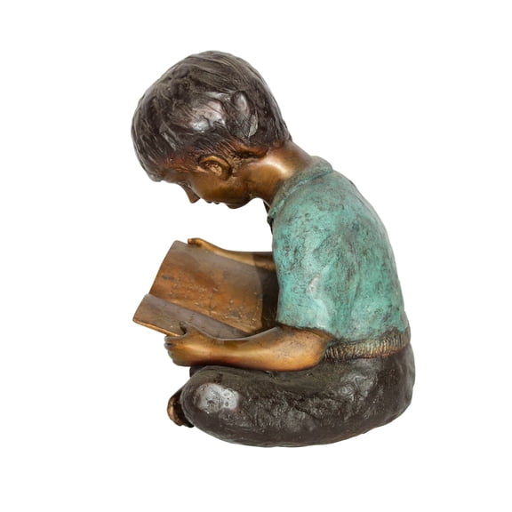 Bronze Statue of Boy Reading Book Lost Wax Cast Sculpture 9" x 8" x 11"H