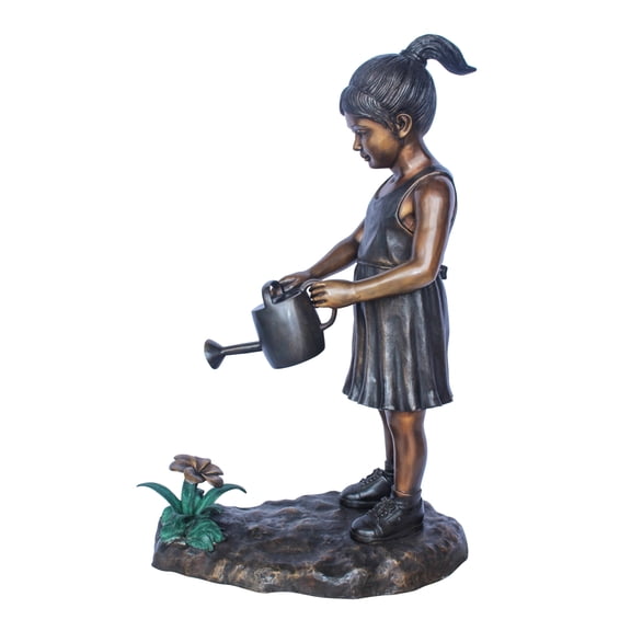 Nifao Bronze Statue of a Little Girl Watering Flowers – Home Office Decor Sculpture, 34"L x 14"W x 47"H
