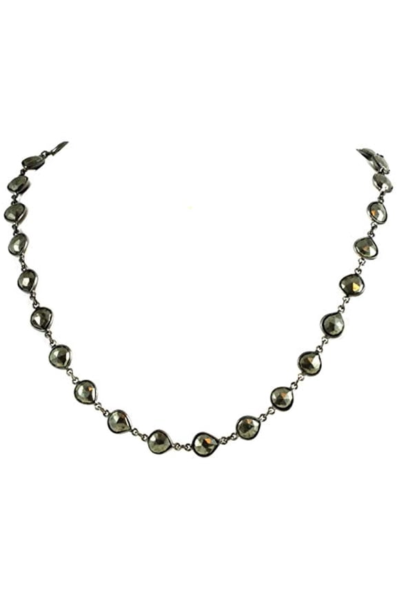 Bronze-Tone Iron Pyrite Necklace Bezel Black Bezel Bronze Color Beaded Faceted Stones, 24" Designed for Adult Women and s