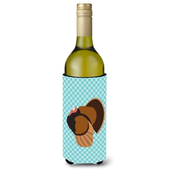 Bronze Turkey Blue Check Wine Bottle Beverge Insulator Hugger - Blue - Wine Bottle