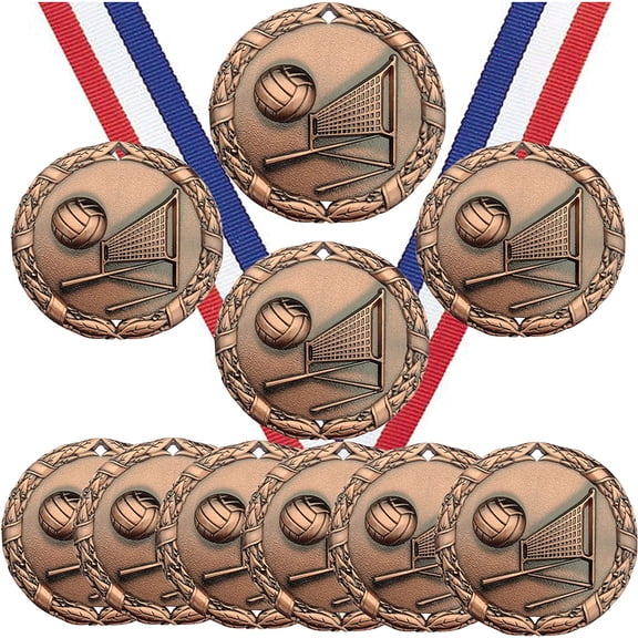 Bronze Volleyball Medals Participant Award Prize with Neck Ribbons (Pack of 10)