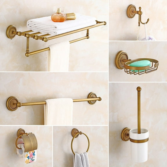 Bronze Wall Mounted 7  Bathroom Accessories Bath Hardware Set Carved Brass Towel Rack Bar