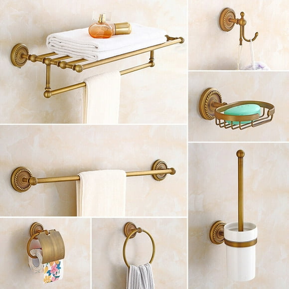 Bronze Wall Mounted 7 Bathroom Accessories Bath Hardware Set Carved Brass Towel Rack Bar