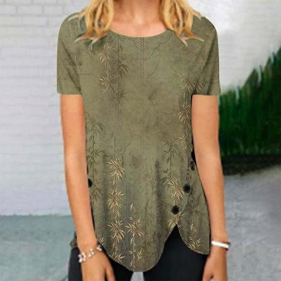 Bronze Women's Short Sleeve T-shirt, Women'S Summer Round Neck Retro Flower Print Irregular Hem Loose Casual Top,Women's Short sleeve T-shirt XXL