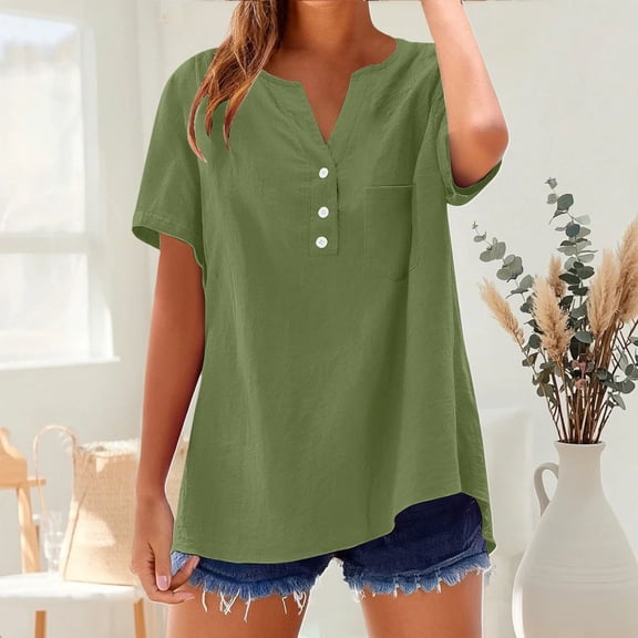 Bronze Womens Summer Tops Cotton Linen Shirts For Women Summer Button Down Tops Short Sleeve Casual Blouses Oversized Tshirts 2025 Shirts for Women