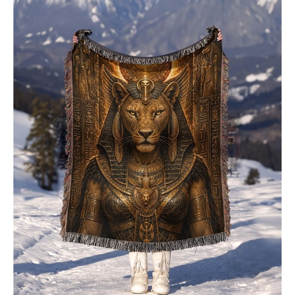Bronze and Gold Egyptian Lioness Goddess Woven Blanket, 100% Cotton, Ancient Temple Style for Home Decor