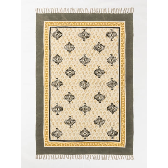 Bronze cotton rug for living room Hand block printed kitchen dining room kilim Garden yoga carpet 3x5 4x6 5x8 feet