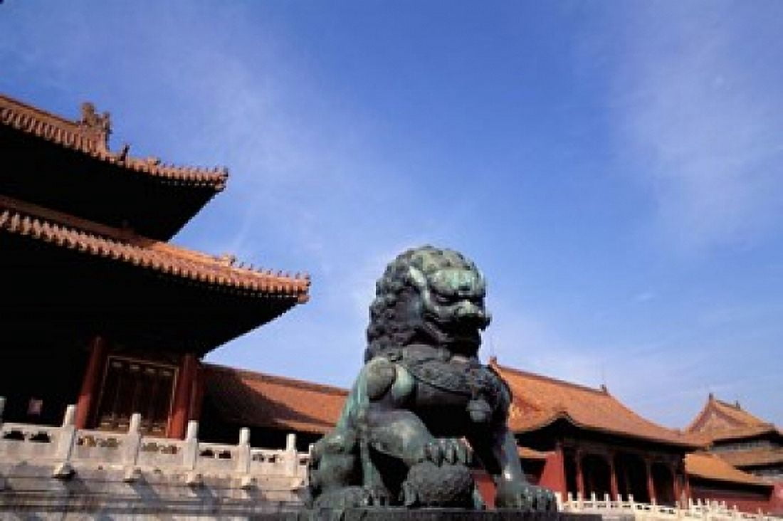 Bronze lion statue Forbidden City China Canvas Art - Bill Bachmann DanitaDelimont (36 x 24)