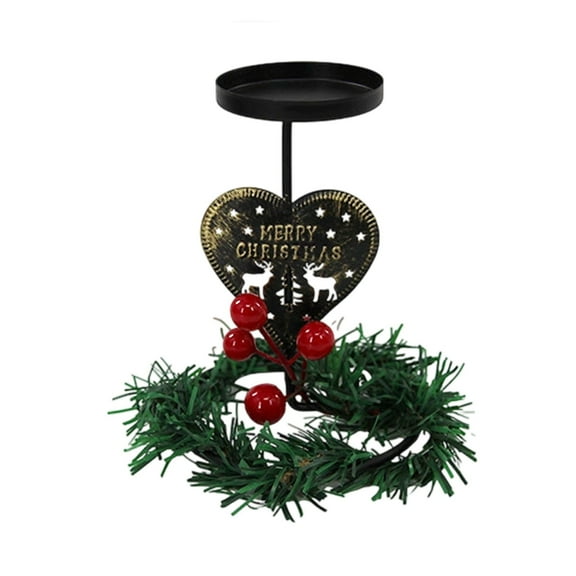 Bronzed Christmas Reindeer Candlestick with Heart Design, Holiday Metal Candle Holder with Red Berries Wreath, Tea Light Table Centerpiece for Winter Home Décor