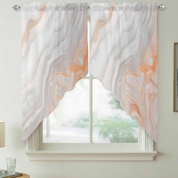 Bronzing White Marble Swag Kitchen Curtain Valances, Modern Abstract Art Streamline Rod Pocket Curtains Window Treatment Decor Valances for Bedroom Bathroom, 2 Panels 36 x 63 Inch