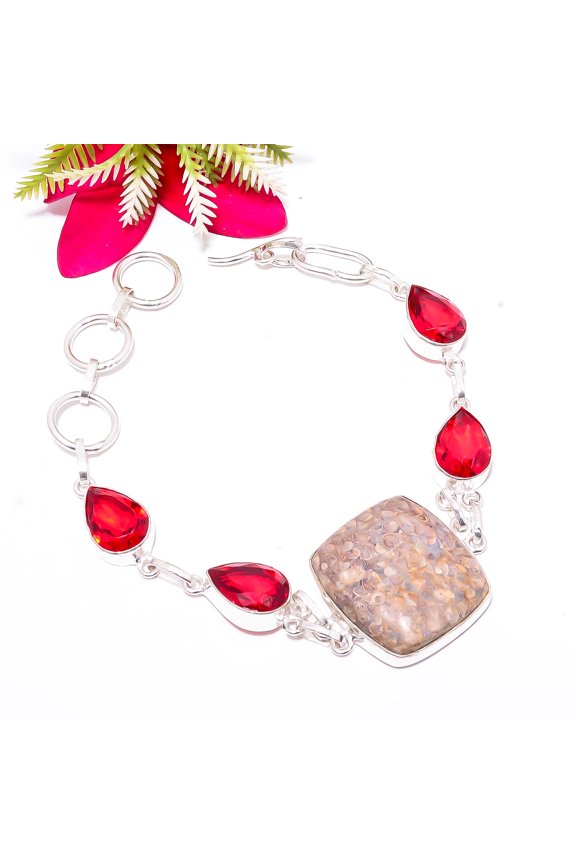 Bronzite Jasper - Usa & Red Garnet 925 Sterling Silver Bracelet 7.99" B35