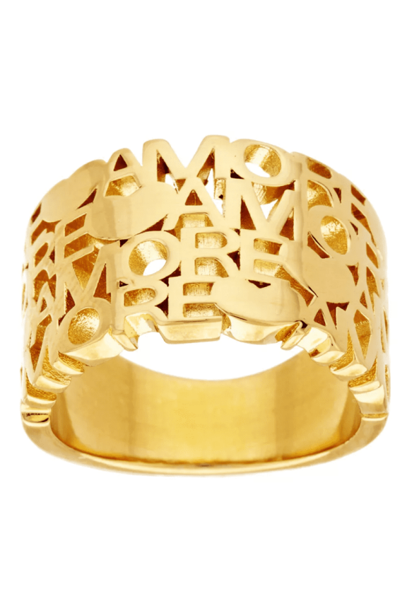 Gold Tone Polished "Amore" Tapered Band Ring Size 8