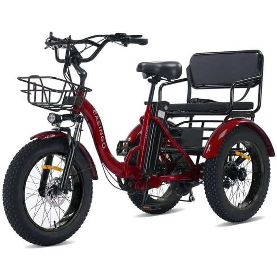 Broobey Pre- assembled 85% Two Seater Electric Tricycle 7 Speed 3 Wheel Electric Bicycle with 48V 20Ah Lithium Battery 500W Motor Max 15MPH Electric Tricycle for Adults with Rear Basket Red
