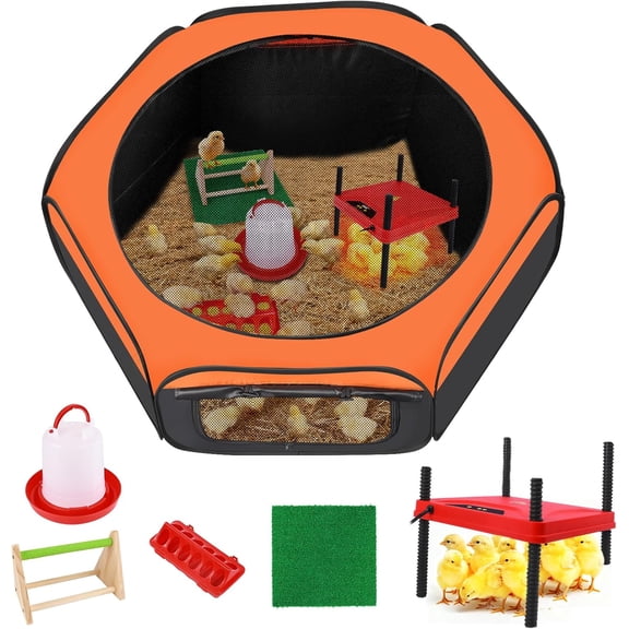 Brooder Box for Chick, 6-in-1 Chick Starter Kit, Includes Brooder Heating Plate, Baby Chicken Pen, Chicken Feeder, Waterer, Perch, Nesting Pad (Brooder Set)