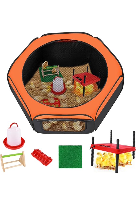 Brooder Box for Chick, 6-in-1 Chick Starter Kit, Includes Brooder Heating Plate, Baby Chicken Pen, Chicken Feeder, Waterer, Perch, Nesting Pad (Brooder Set)