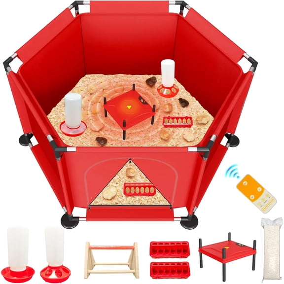 Brooder Box for Chicks, 8-in-1 Chick Heat Plate Starter Kit, Baby Chicken Brooder Pen with Feeder, Waterer, Perch & Bedding, Indoor Poultry Setup (Red)