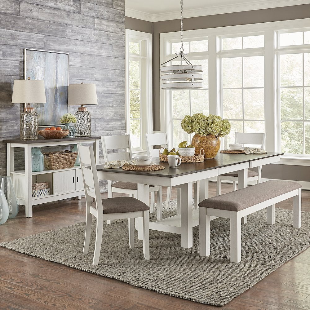 Carbon Gray and Textured White Trestle Dining Table Set with Bench and 4 Chairs