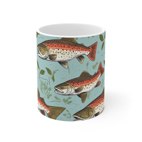 Brook Trout Pattern Coffee Mug Fishing Lover Gift Nature Fish Illustration Outdoor Angler Cup Rustic Design Ceramic Mug 11oz