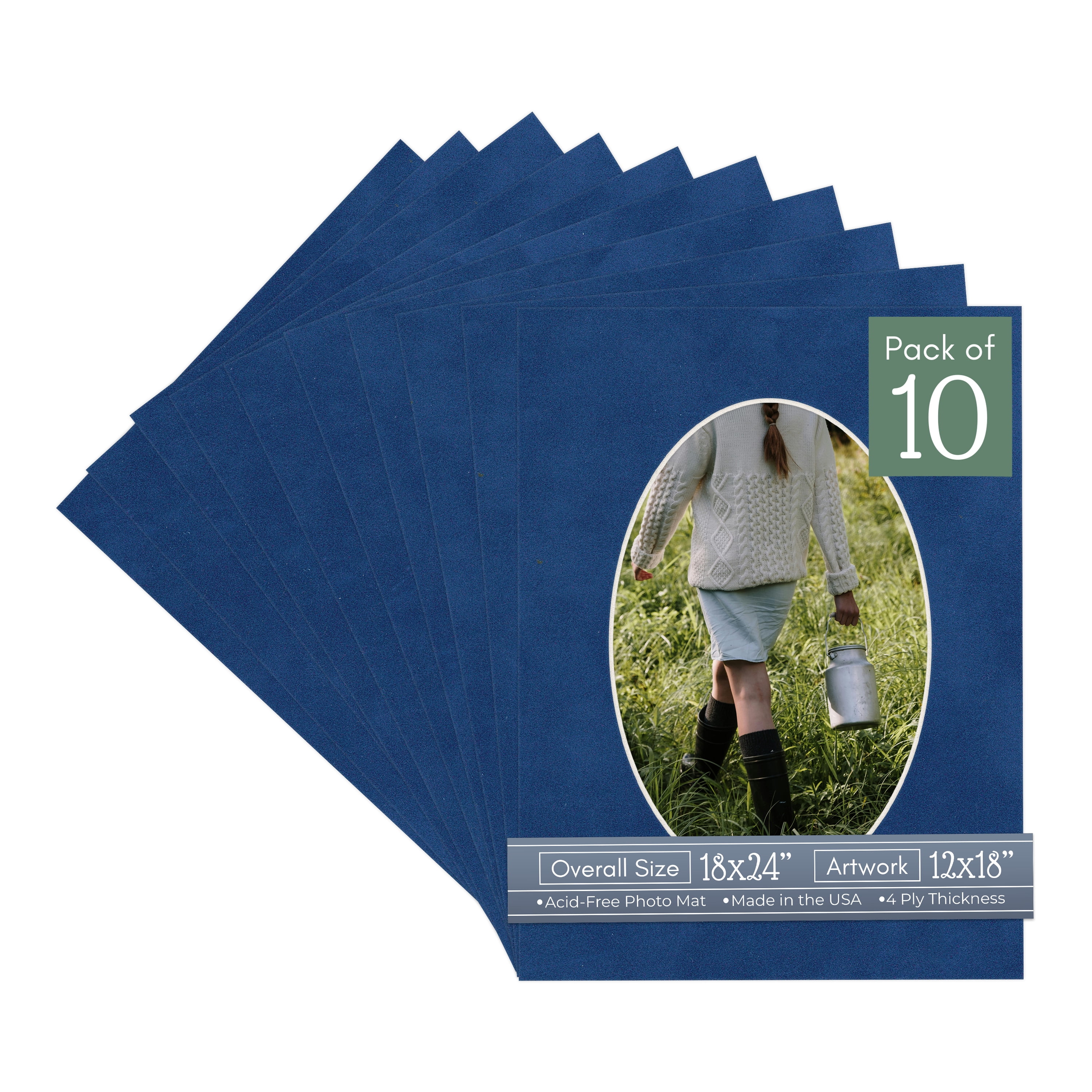 Brooke Blue Suede Picture Frame Mat for 18x24 Frames - Oval Opening for 12x18 Photos - 10 Mats