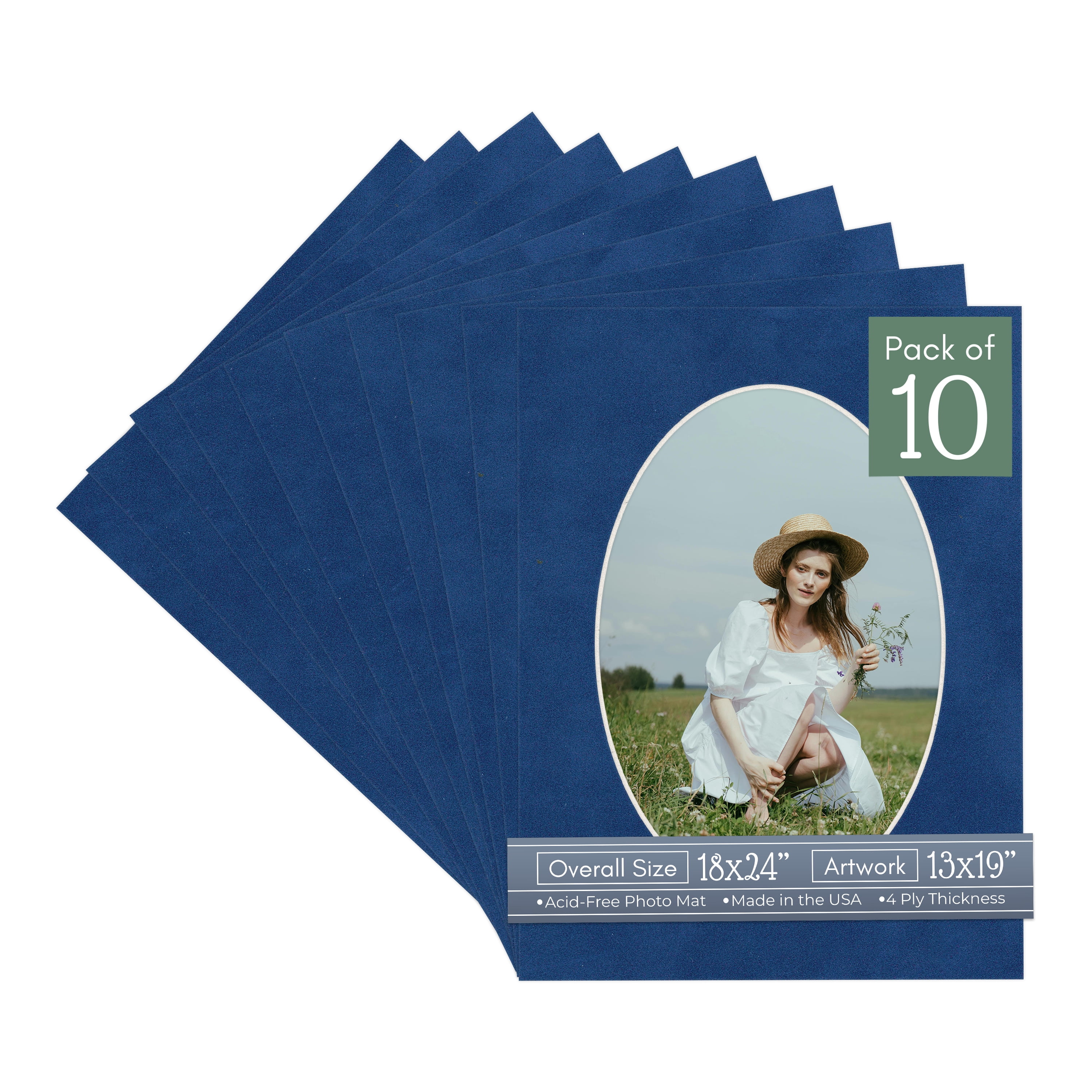 Brooke Blue Suede Picture Frame Mat for 18x24 Frames - Oval Opening for 13x19 Photos - 10 Mats