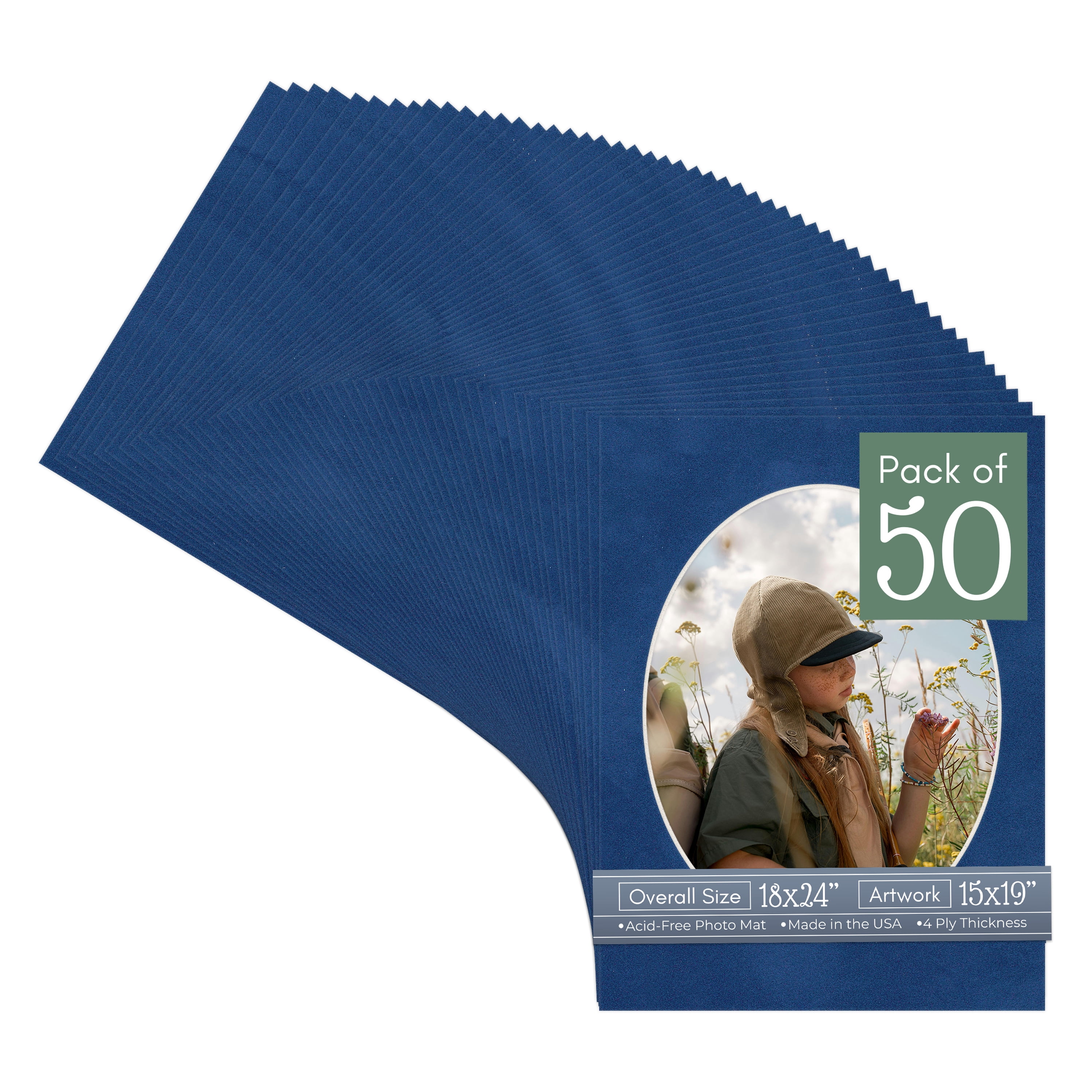 Brooke Blue Suede Picture Frame Mat for 18x24 Frames - Oval Opening for 15x19 Photos - 50 Mats