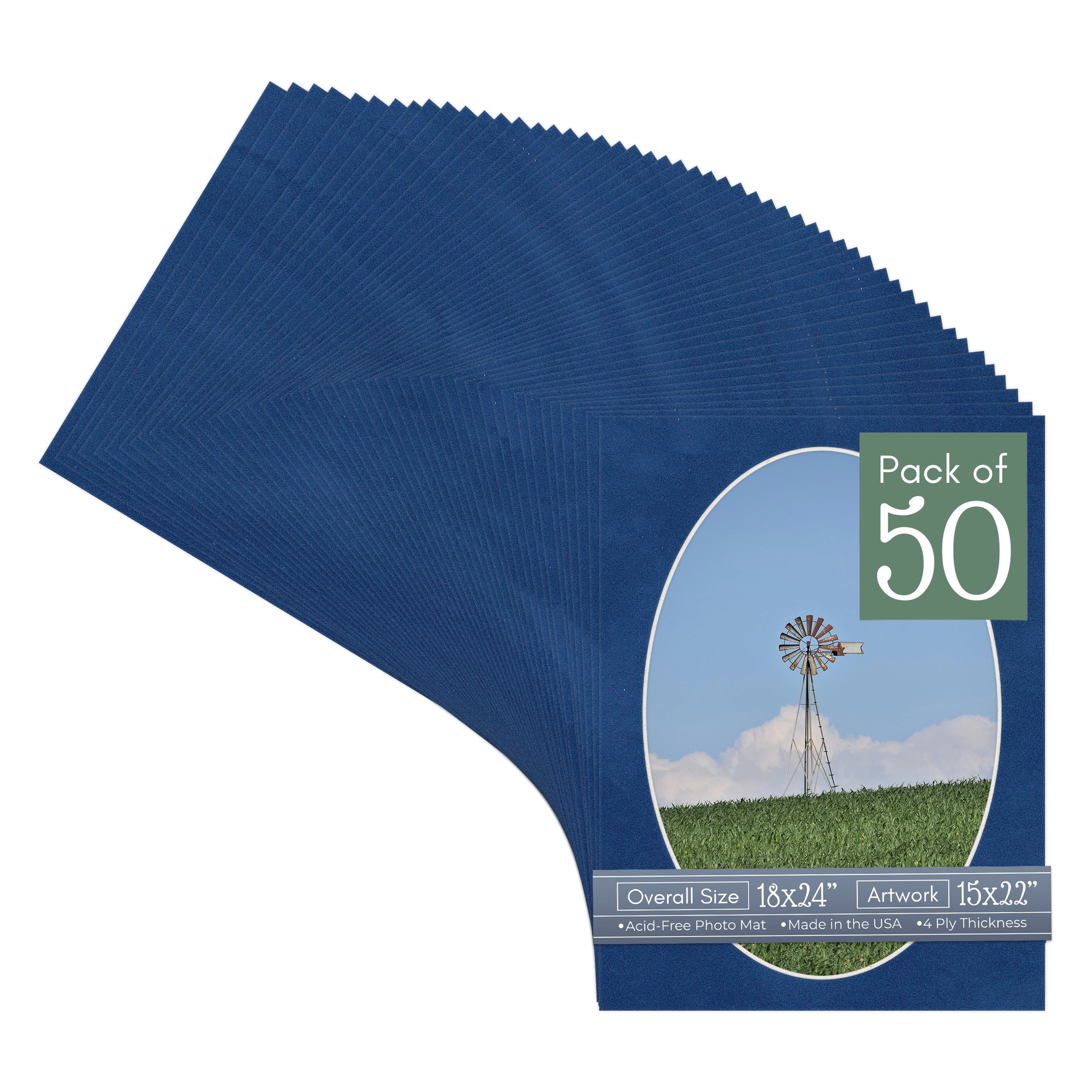 Brooke Blue Suede Picture Frame Mat for 18x24 Frames - Oval Opening for 15x22 Photos - 50 Mats