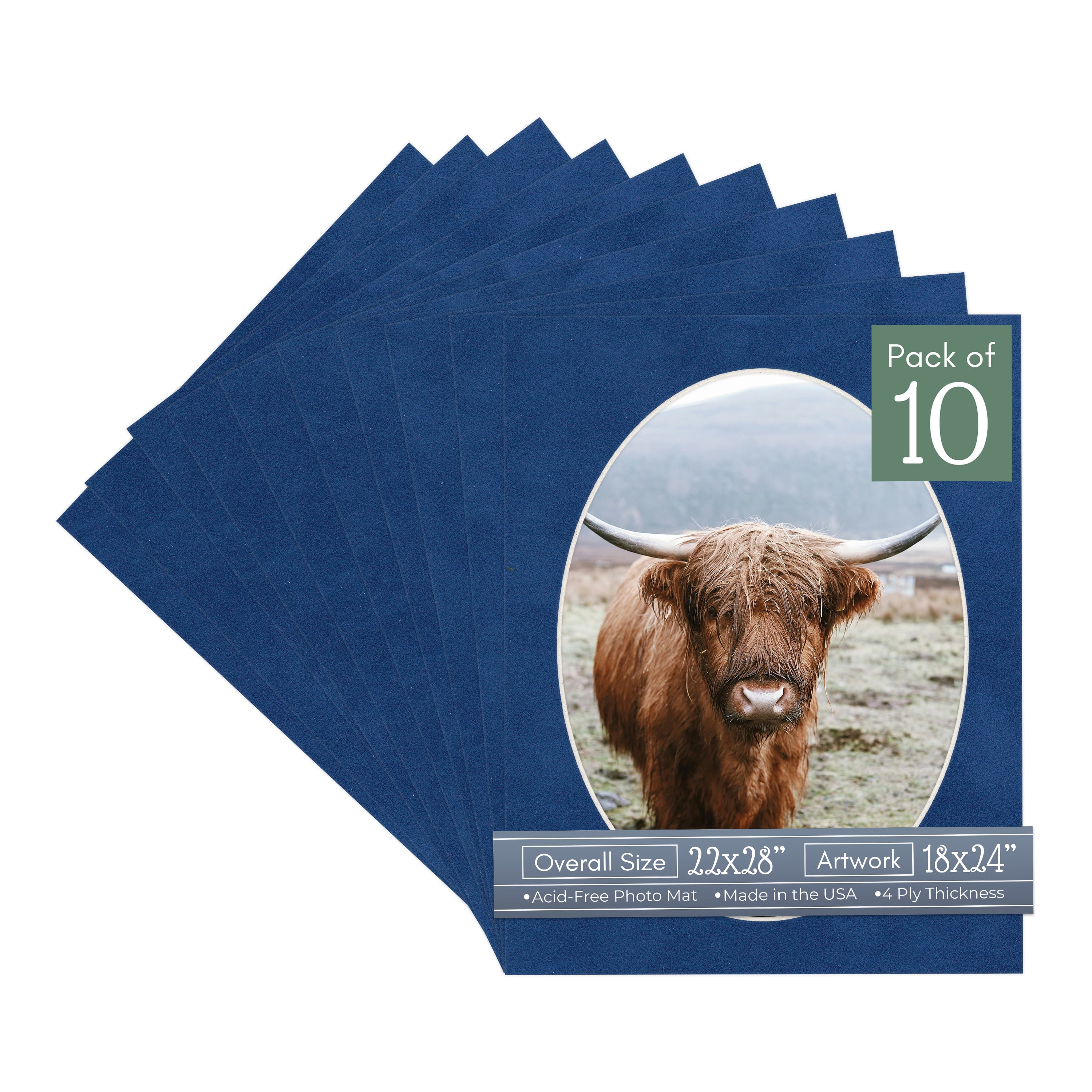 Brooke Blue Suede Picture Frame Mat for 22x28 Frames - Oval Opening for 18x24 Photos - 10 Mats