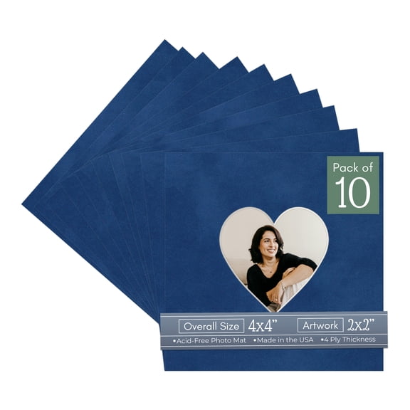 Brooke Blue Suede Picture Frame Mat for 4x4 Inch Frames - Heart Opening for 2x2 Photos - 10 Mats