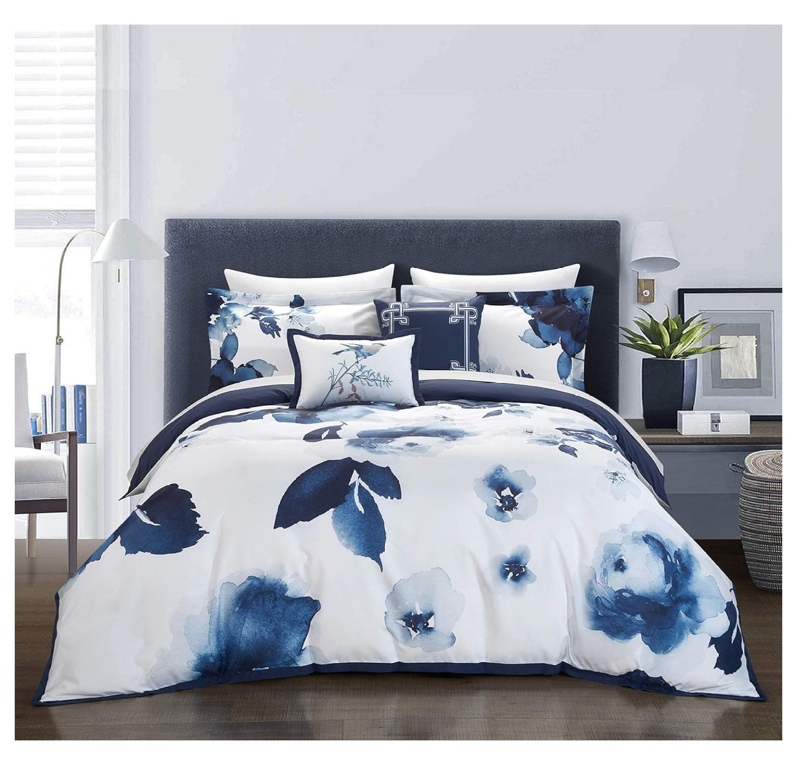 Navy Floral Print Queen Microfiber Comforter Set