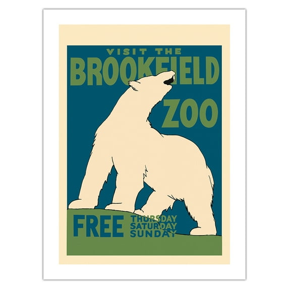 Brookfield Zoo Chicago - Polar Bear - Vintage Travel Poster by Carken c.1930 - Bamboo Fine Art 290gsm Paper (Unframed) 12x16in