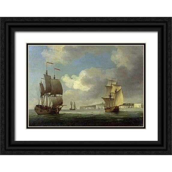 Brooking, Charles 18x14 Black Ornate Wood Framed with Double Matting Museum Art Print Titled - Shipping Off the South Coast of England