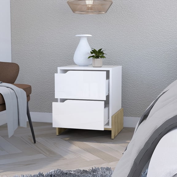 Brookland Double Drawer Nightstand, Sturdy Manufactured Wood, White/Macadamia
