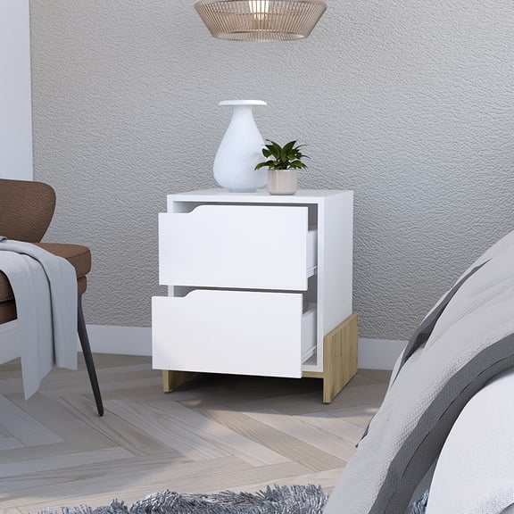 Brookland Nightstand with Double Drawers - Modern Storage Bedside Table, White / Macadamia Finish