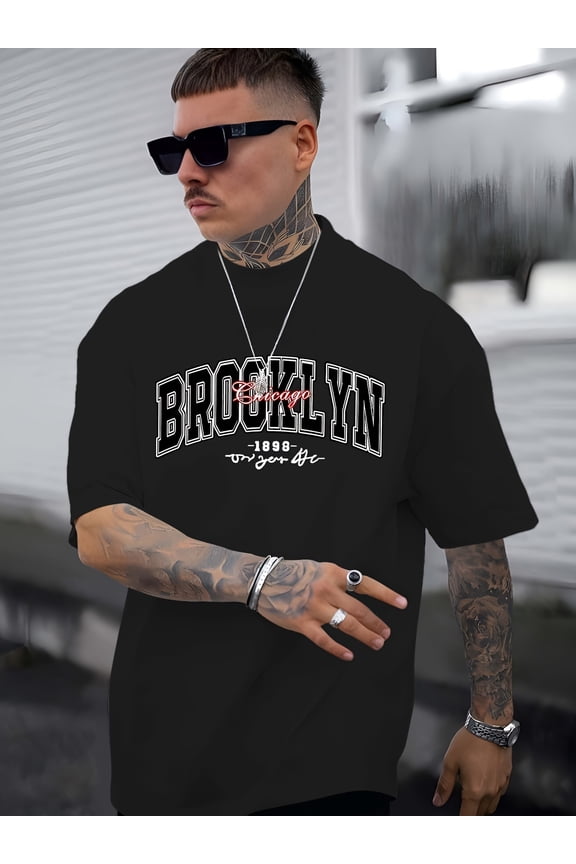 Brooklyn 1989 Graphic Men's T-Shirt - Casual Short Sleeve Crewneck, Black Polyester Blend, Summer Streetwear for Men, Vintage T Shirts