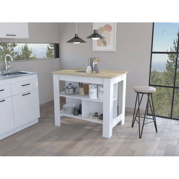 Brooklyn Antibacterial Surface Kitchen Island, Three Concealed Shelves