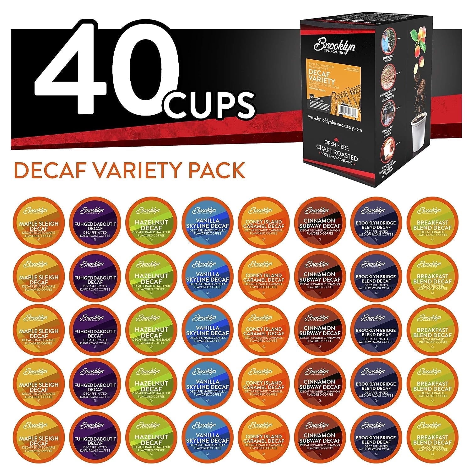 Brooklyn Bean Roastery Assorted Decaf Coffee Variety Pack for Single-Serve Coffee Brewers, 40-Pack