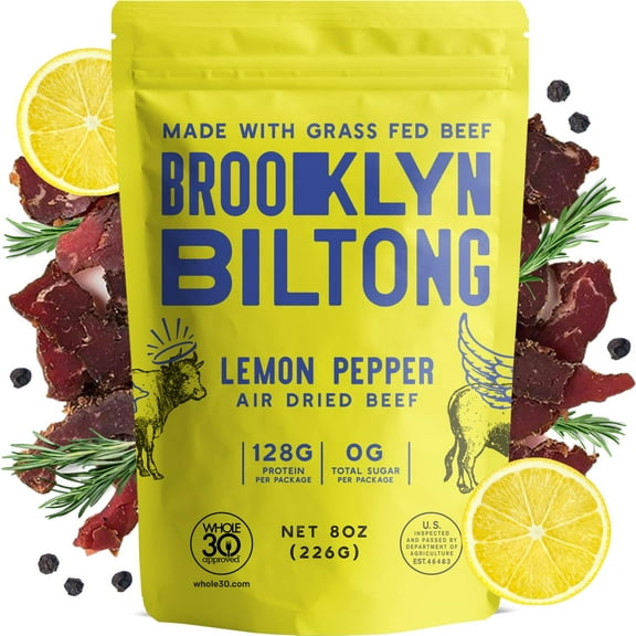 Brooklyn Biltong - Air Dried Grass Fed Beef Snack - Whole30 Approved, Paleo, Keto, Gluten Free, Sugar Free, Made in USA - 8 oz. Bag (Lemon Pepper)