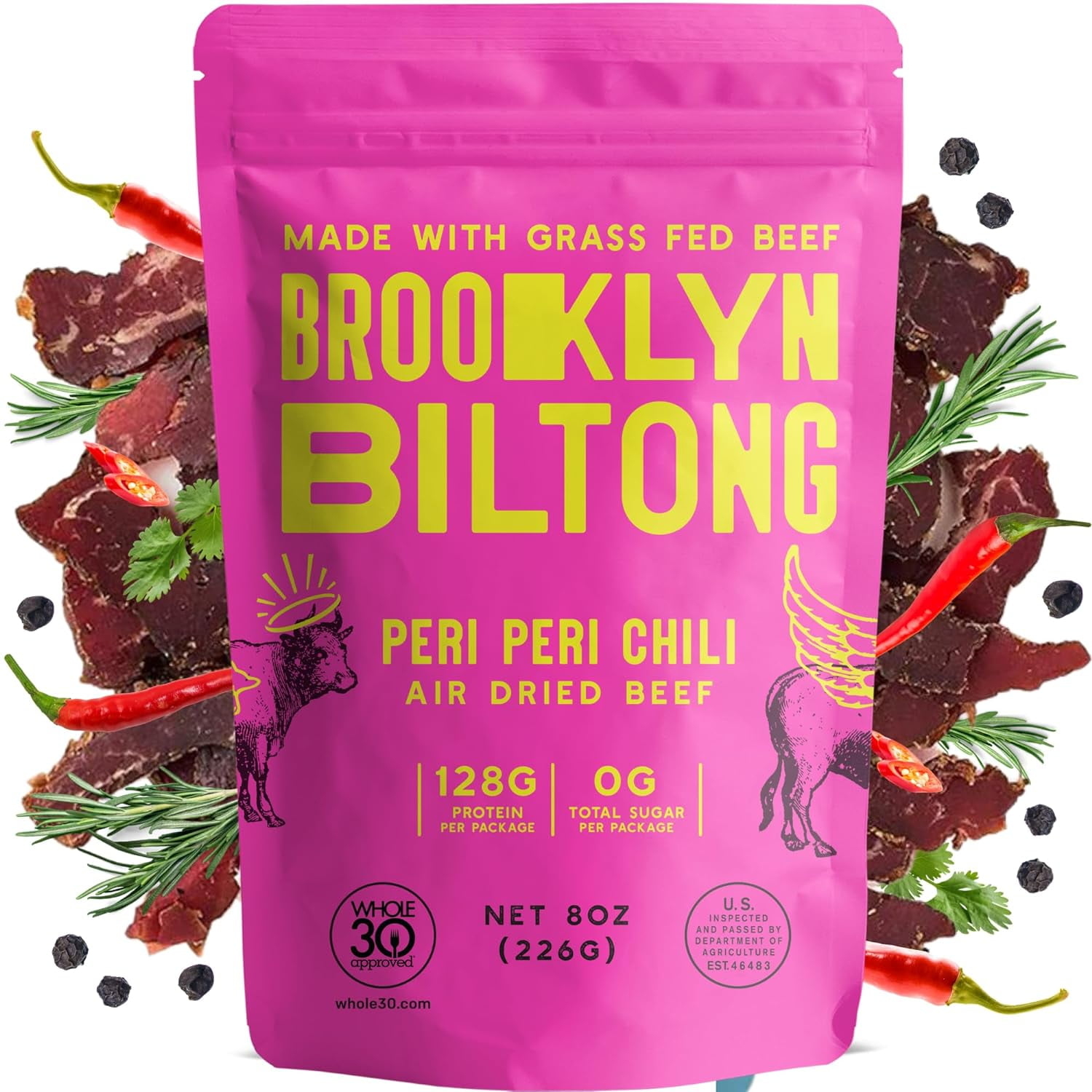 Brooklyn Biltong - Air Dried Grass Fed Beef Snack - Whole30 Approved, Paleo, Keto, Gluten Free, Sugar Free, Made in USA - 8 oz. Bag (Peri Peri)