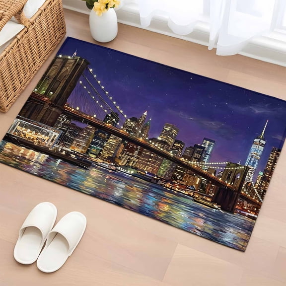 Brooklyn Bridge 2'x3' Rug for Entryway Front Door Kitchen Sink Area, Night City Urban Landscape Low Pile Washable Non Slip Rectangle Area Rug