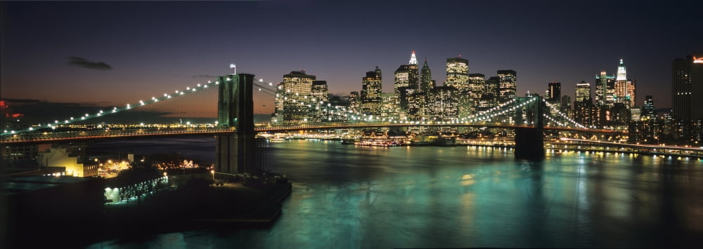 Brooklyn Bridge And Lower Manhattan At Dusk From Manhattan Bridge Canvas Art - Marc Jackson Design Pics (44 x 15)