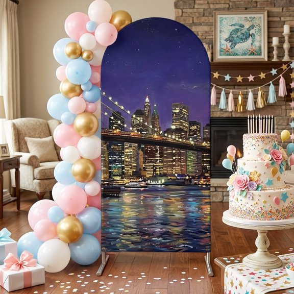 Brooklyn Bridge Arch Backdrop Covers 4 FT, Night City Urban Landscape Stretchy Fitted Arched Stand Covers Party Arch Stand Cover Photo Booth for Wedding Birthday Decor