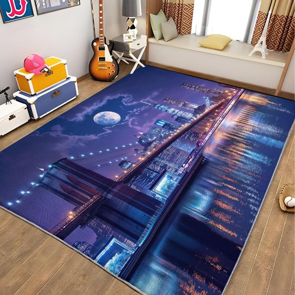 Brooklyn Bridge Area Rugs, Night Cityscape Carpet, Washable Non Slip Low Pile Soft Rug for Living Room Kitchen Bedroom Dining Room Home Decor Mat 5x8ft