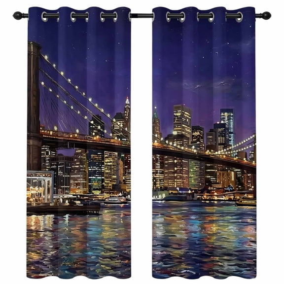 Brooklyn Bridge Blackout Curtains 96 Inches Long, Night City Urban Landscape Thermal Insulated Room Darkening Drapes with Grommets for Living Room 52"W x 96"L, 2 Panels
