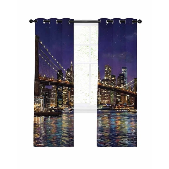 Brooklyn Bridge Blackout Curtains for Bedroom Living Room, Night City Urban Landscape 39 In Long Thermal Insulated Room Darkening Drapes Grommet Window Treatments, 27.5 x 39 In