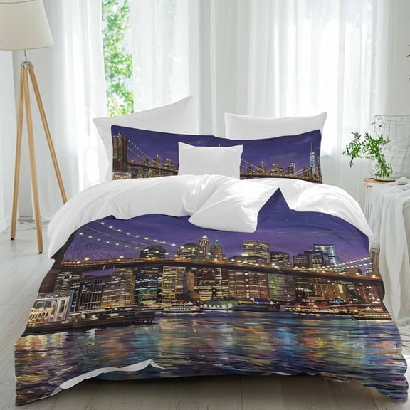Brooklyn Bridge Comforter Set Queen Size, Night City Urban Landscape Soft Bedding Set for Man Woman, 4 Pieces Duvet Cover Set with Fitted Sheet, 2 Pillowcases