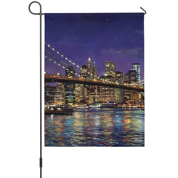 Brooklyn Bridge Garden Flag 12 x 18 Inches, Night City Urban Landscape Weather Proof Outdoor Patio Flags Double Sided Small Garden Decoration for Yard Outside Home