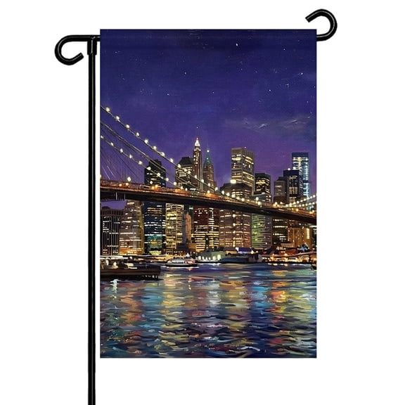 Brooklyn Bridge Garden Flag 12x18 Inch Night City Urban Landscape Double Sided Small Decorative Garden Flags for Outside, Outdoor Yard Porch Lawn Decoration