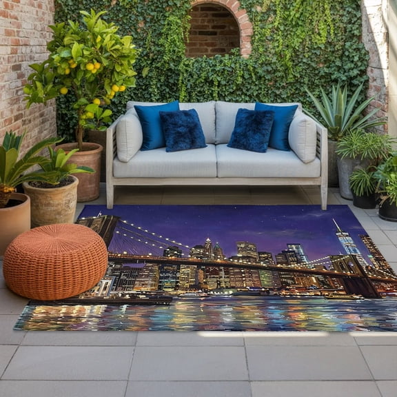 Brooklyn Bridge Indoor Outdoor Rugs 3x5 Ft, Night City Urban Landscape Outdoor Patio Rugs Mat Washable Outside Area Rugs Carpet for Porch Deck RV Camping Pool Balcony Backyard
