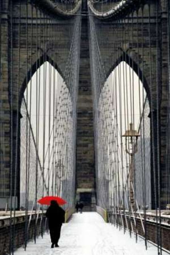 Brooklyn Bridge Meets Red Canvas Art - Michael Cahill (12 x 18)